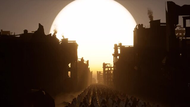 middle eastern dressed refugees walking out from a destroyed ruined city with debris and smoke all around and a huge sunset and the background, 3D animation, animated scene, camera zoom out