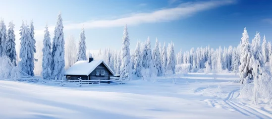 Fotobehang Scenic winter scene in Lapland Finland with snowy trees and wooden hut © AkuAku