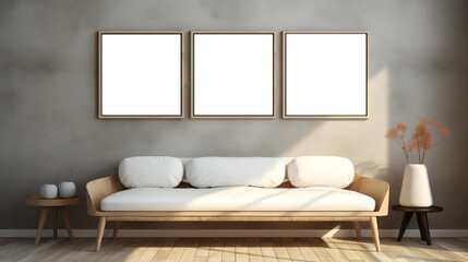 an interior decoration a stylish and minimalist living room with an empty translucent frame on the white wall. design concept embraces a Scandinavian style with a beige and white color palette.