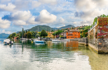 Landscape with Pescallo village, Bellagio town at Como lake region, Italy
