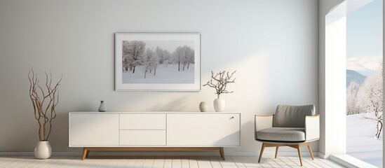 Scandinavian style home interior with a white room dresser wall picture and window