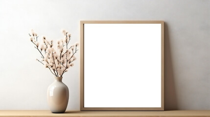 Fototapeta na wymiar an interior decoration a stylish and minimalist living room with an empty translucent frame on the white wall. design concept embraces a Scandinavian style with a beige and white color palette.
