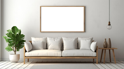 an interior decoration a stylish and minimalist living room with an empty translucent frame on the white wall. design concept embraces a Scandinavian style with a beige and white color palette.