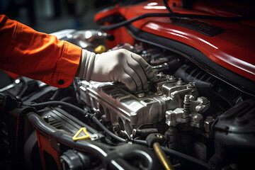 Fototapeta na wymiar Mechanic's hands doing car check up under the hood at the mechanic's shop