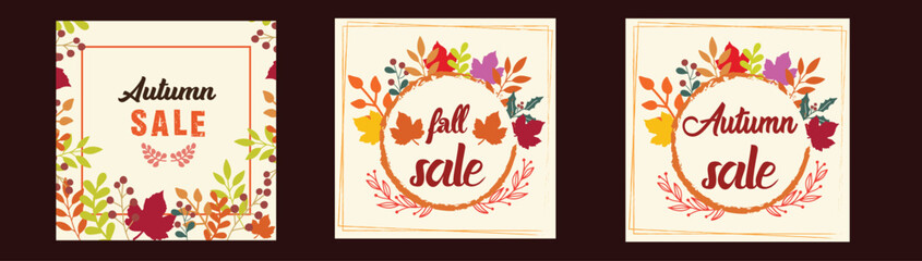 Autumn or Fall sale banner, background set with colorful leaves. Autumn discount, Hello Fall social media poster design templates with foliage frame.