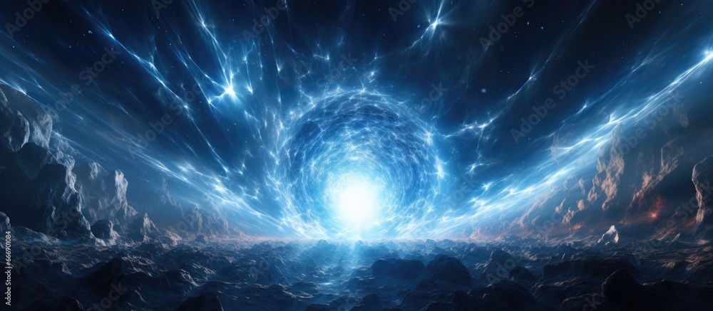 Poster artificial intelligence rendered abstract background showing burst and particles from a glowing neut