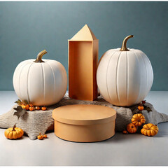 Autumn pumpkin wallpaper/ Empty podium with pumpkins, calm and elegant autumn atmosphere for product presentation. Mockup for branding, packaging, marketing, web, banner, editorial, printed matter.