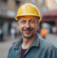 Portrait of middle age european man builder in yellow helmet smiling