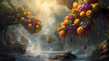 A hypnotic whirl of fresh fruits like mangoes, berries, and melons caught in a whimsical whirlwind of icy mist, with a shower of cool, refreshing droplets surrounding them, portraying a surreal moment