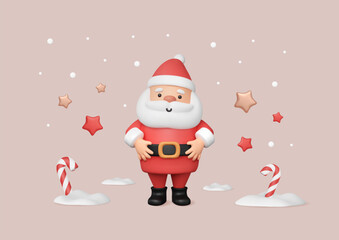 3D Santa Claus with his hands on his belly, plump and cute Christmas character. Stars and candy cane render, snow. Vector New Year minimal illustration in cartoon plastic style. Winter mascot.
