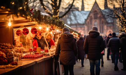 People enjoying a traditional Christmas market with wooden stalls and glowing lights