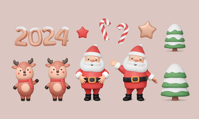 3d Christmas elements set. Cute Santa Claus, deer in various pose, man waving hand, green snow cover tree, stars, candy cane and 2024 number render. Vector illustration, cartoon New Year collection