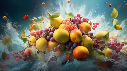A hypnotic whirl of fresh fruits like mangoes, berries, and melons caught in a whimsical whirlwind of icy mist, with a shower of cool, refreshing droplets surrounding them, portraying a surreal moment