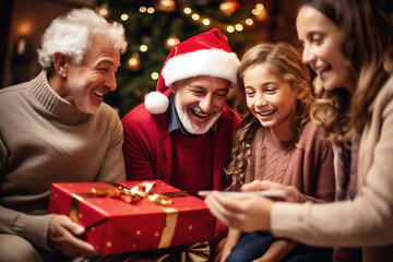 Obraz na płótnie Canvas Photo of a festive group gathered around a beautifully wrapped Christmas present