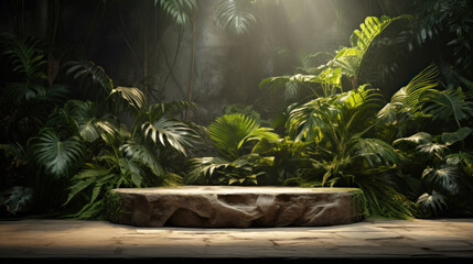 Empty Nature Podium in tropical forest background, sunlight filtering through the leaves made of natural for advertising and product presentation beauty cosmetic, food or perfume. Generative AI