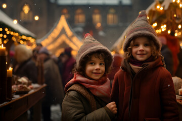 portrait of happy children at Christmas market