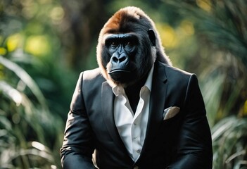 AI generated illustration of a close-up of a monkey wearing a black suit and white shirt