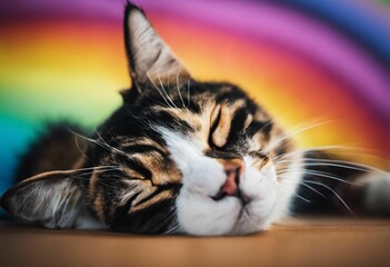 AI generated illustration of a striped domestic cat sleeping peacefully on a wood floor