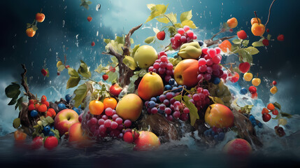 Fototapeta na wymiar A hypnotic whirl of fresh fruits like mangoes, berries, and melons caught in a whimsical whirlwind of icy mist, with a shower of cool, refreshing droplets surrounding them, portraying a surreal moment