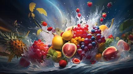 A hypnotic whirl of fresh fruits like mangoes, berries, and melons caught in a whimsical whirlwind of icy mist, with a shower of cool, refreshing droplets surrounding them, portraying a surreal moment
