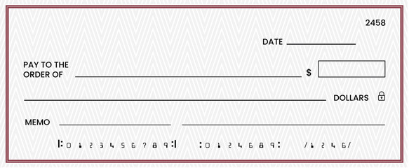 Blank bank check, checkbook cheque template or money payment paper voucher, vector mockup. Business or personal account cash pay cheque certificate or paycheck coupon from checkbook