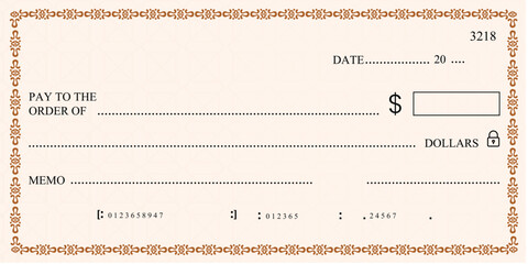 Blank bank check, checkbook cheque template or money payment paper voucher, vector mockup. Business or personal account cash pay cheque certificate or paycheck coupon from checkbook - obrazy, fototapety, plakaty