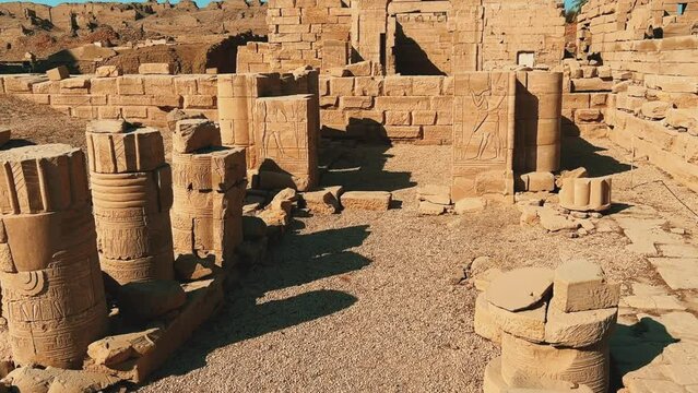 The ruins of the Egyptian temple complex Dendera. Museum in Egypt. Hathor Temple. The Denderian zodiac. The complex is a mixture of ruined temples, chapels, pylons and other buildings. Egypt 2022. 4K