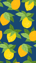 Vector seamless texture with yellow lemons with foliage on a blue background. Contrasting texture with sour fruits. Summer background