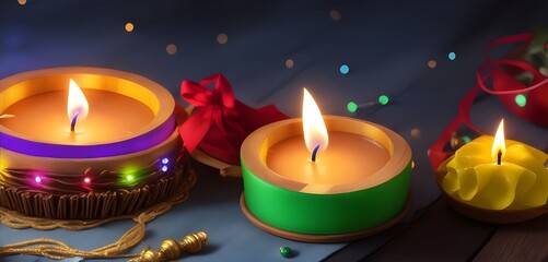 Diwali candle on wooden table with lights bokeh background, text space for quote