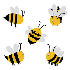 Bees in different positions. Flying insects, yellow striped. Isolated on white background. Flat vector illustration.