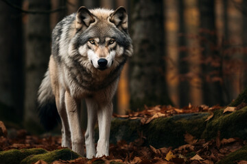 Large grey wolf looking after rivals and danger in the forest, aesthetic look