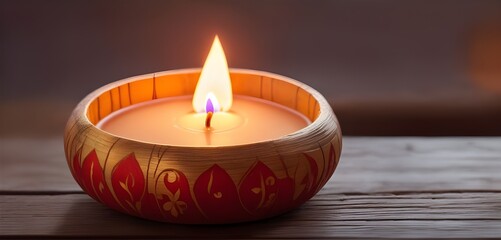 Obraz na płótnie Canvas Diwali candle on wooden table with lights bokeh background, text space for quote