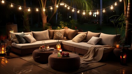 A backyard decorated with string lights lanterns For Festival like New Years eve Christmas Happy...