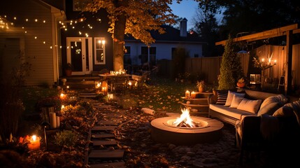 A backyard decorated with string lights lanterns For Festival like New Years eve Christmas Happy...