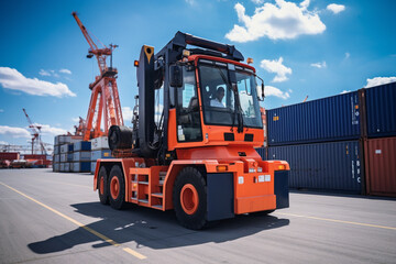 Large forklift-truck lifting container, close-ups, in commercial port, no trademarks