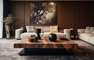 Wooden coffee table with velvet sofa. Modern living room interior design. Artistic painting hanging on the wall