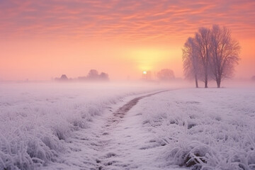 Landscape of a snowy field covered in fog during the beautiful sunrise in the morning, aesthetic look