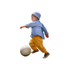The child is trying to score a goal with the yellow ball on the soccer field, isolated on white...