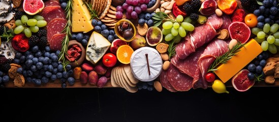 Colorful boards with fruit meat and cheese - obrazy, fototapety, plakaty