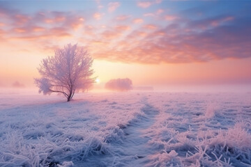 Landscape of a snowy field covered in fog during the beautiful sunrise in the morning, aesthetic look