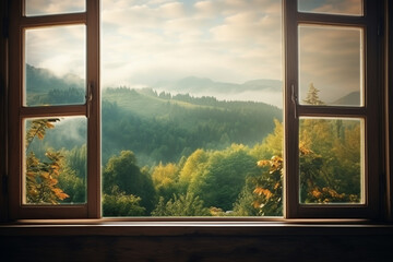 Landscape nature view background, view from window, soft light photography