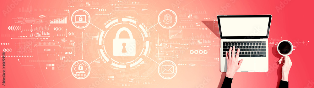Poster internet network security concept with person using a laptop computer