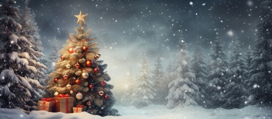 Santa Claus on sleigh with gift box in snowy fir tree forest