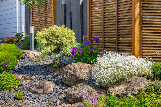 Am&eacute;nagement paysag&eacute; &agrave; base de plante et de pierre dans le jardin d'un paysagiste.