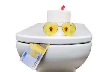 Concept of a funny toilet with eyes and tongue made of Euro bills, isolated on a white background. Humor about running out of toilet paper and spending money on it.