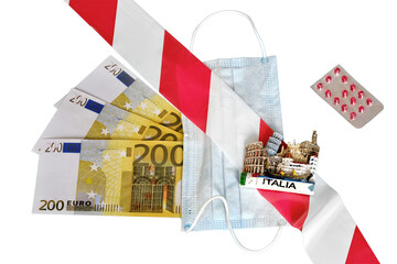 Medical mask, money in euros and tourist magnet Italia, isolated on a white background. Signal tape...