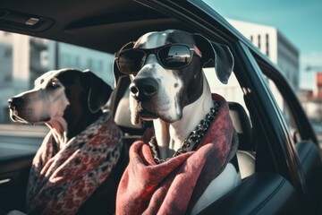 Two intelligent Great Dane dogs in sunglasses and scarves are driving in a car - obrazy, fototapety, plakaty