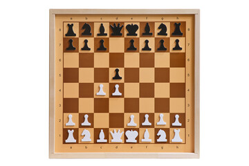 Queen's gambit in the form of chess pieces on a demonstration chessboard. Chess position, isolated...