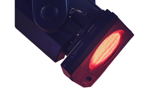 Close up of red light on stage with bokeh background, isolated on white background.