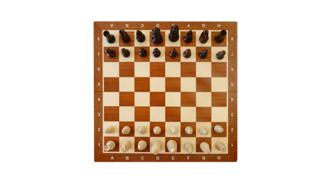 Chess pieces on a chessboard top view. The beginning of the game of chess, isolated on white background